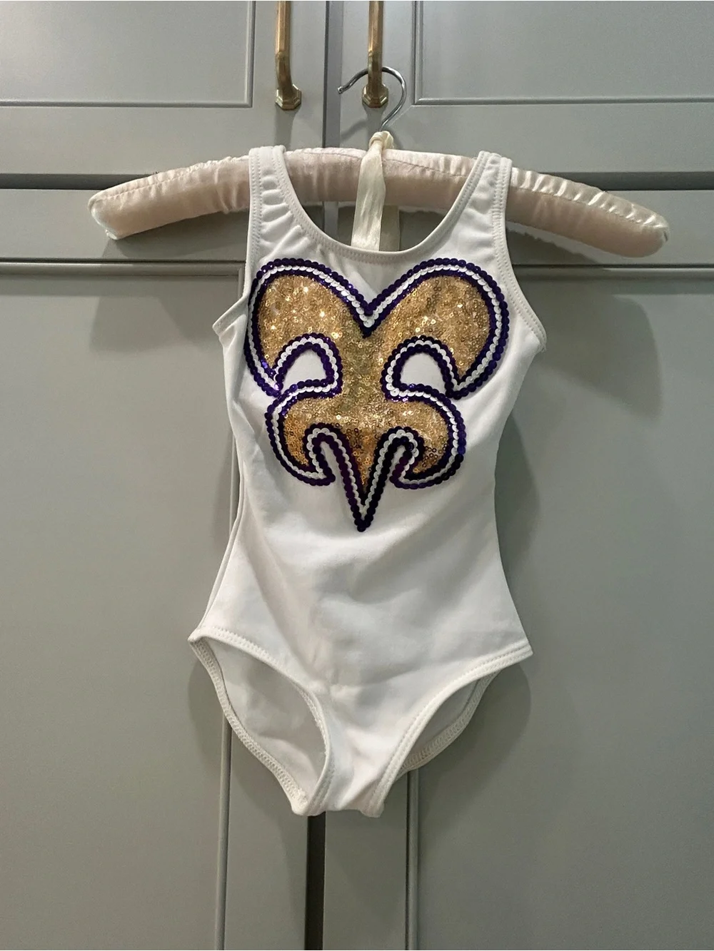LSU Golden Girl Costume Leotard & Cape Purple Gold Girls S (4/5)